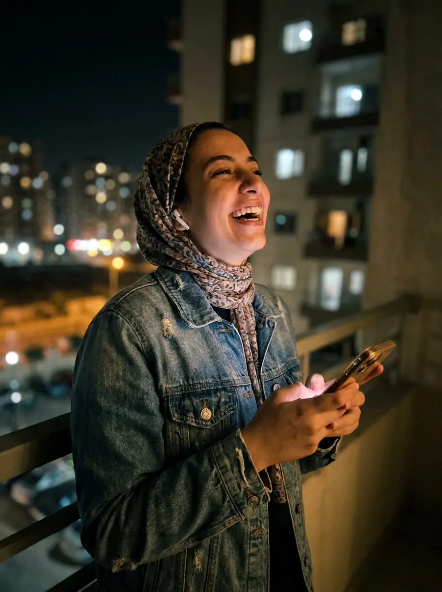 A young woman on a balcony at night laughing at her phone on a call