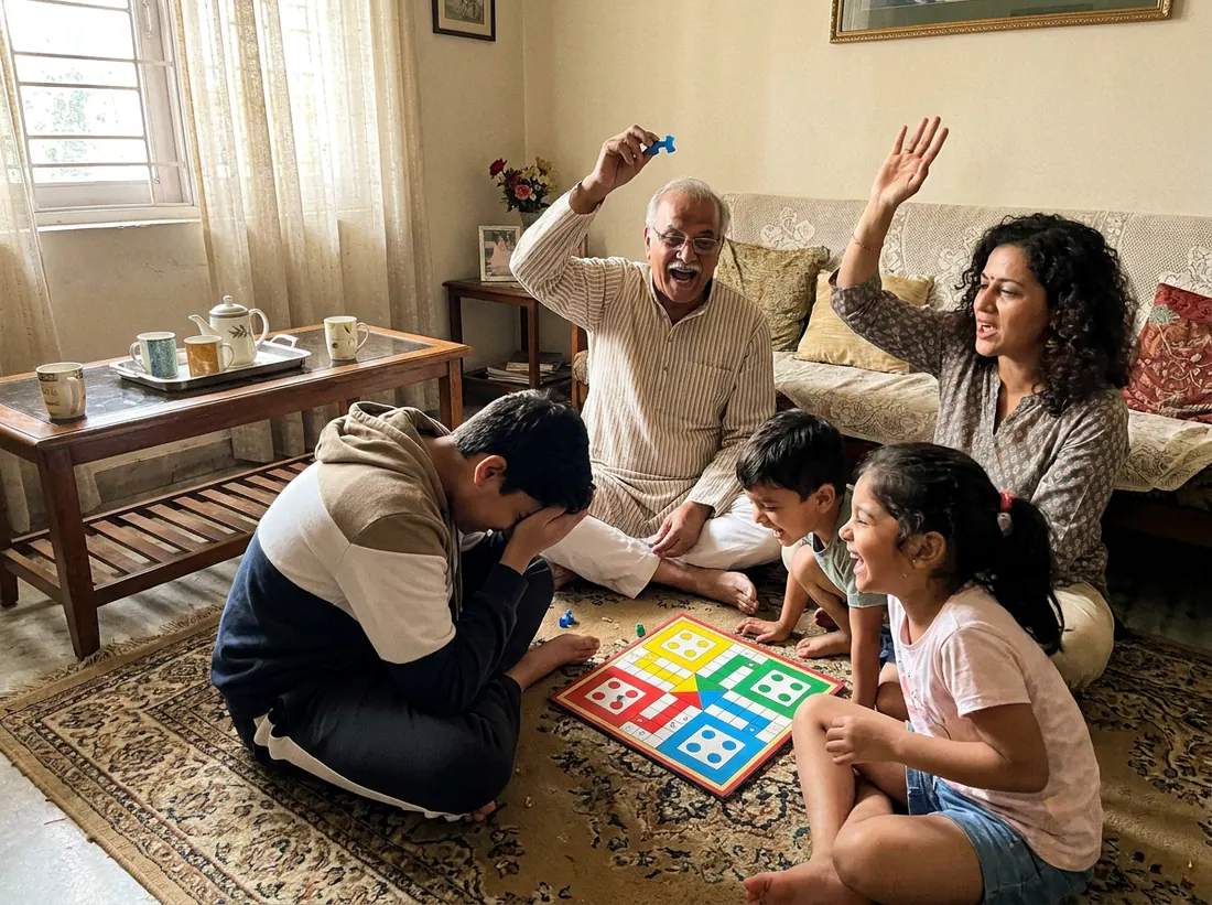 A grandfather holds up a captured token like a trophy while a teenager lies on the rug in despair and the kids laugh