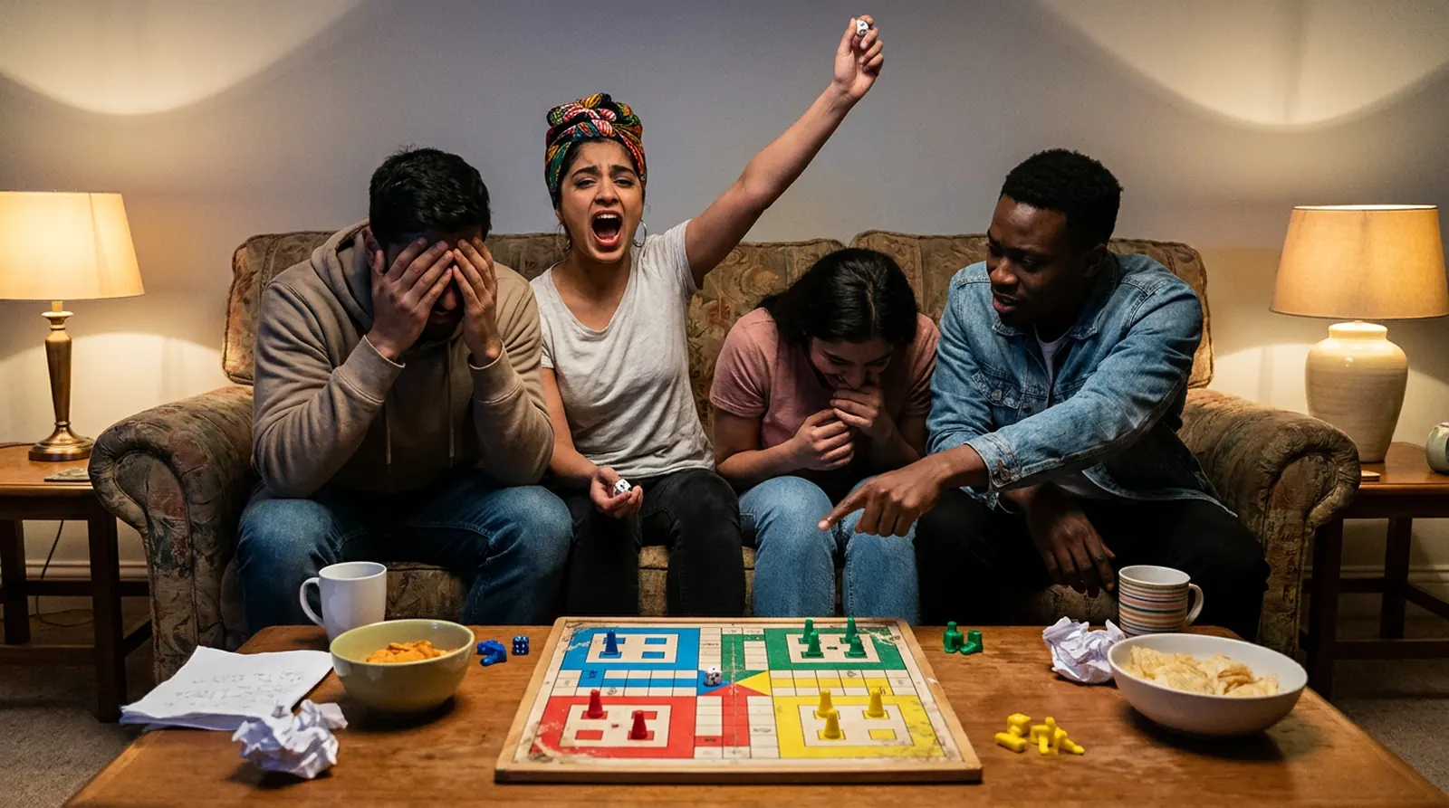 Four friends on a sofa around a ludo board: one leaps up shouting with a die in her hand, one holds his head, one laughs, one points