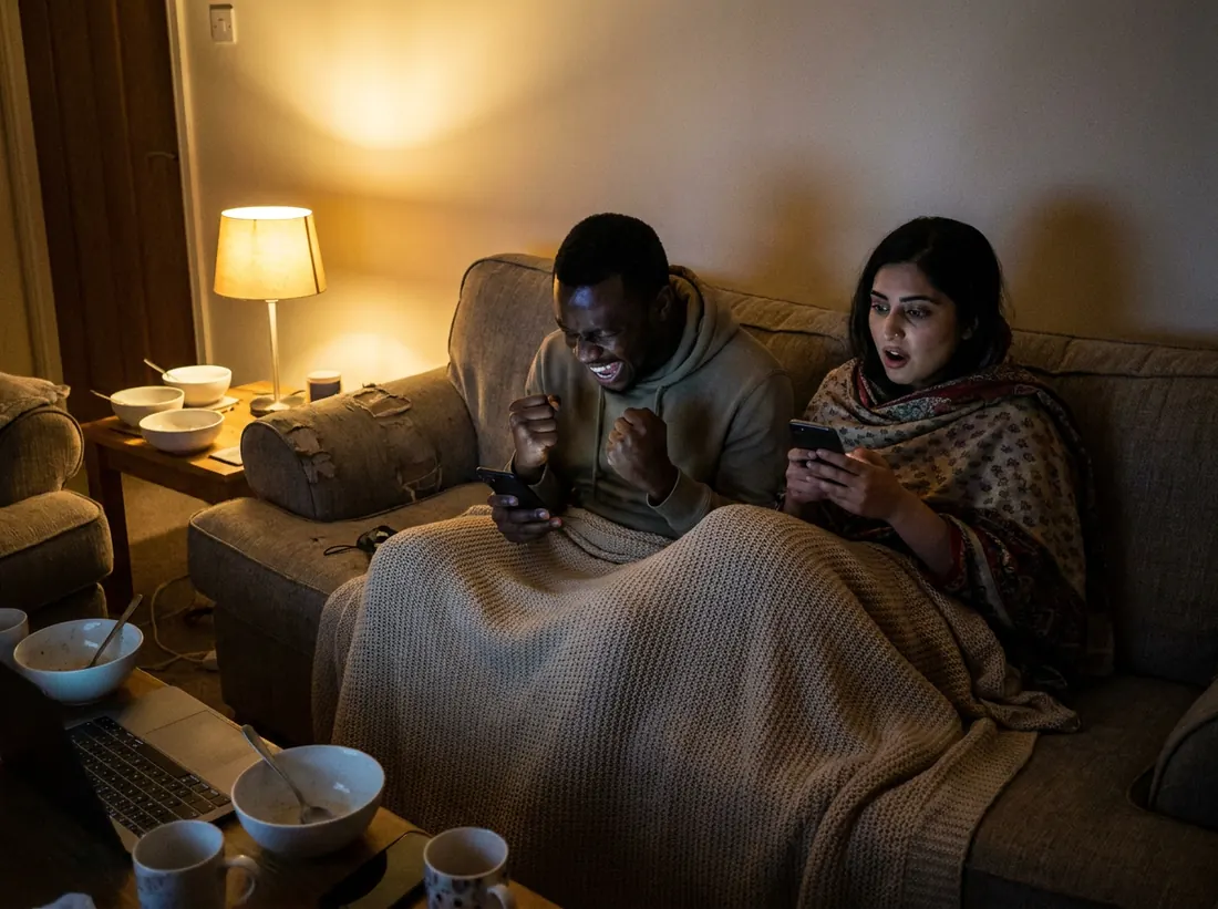Two roommates under a blanket at night: one silently screams with joy at his phone, the other stares at hers in disbelief