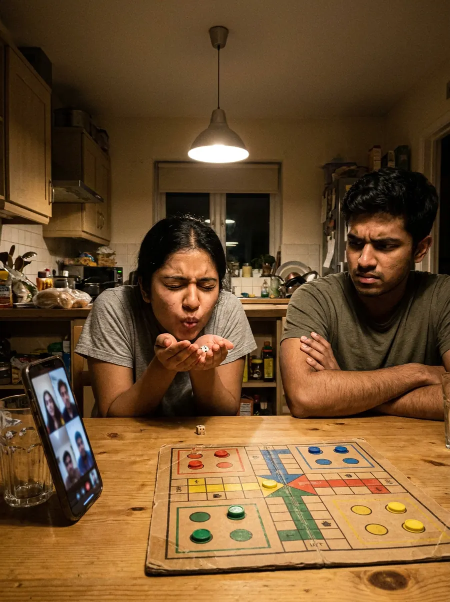 A young woman blows on a die in her cupped hands, eyes shut, while her brother glares across the ludo board